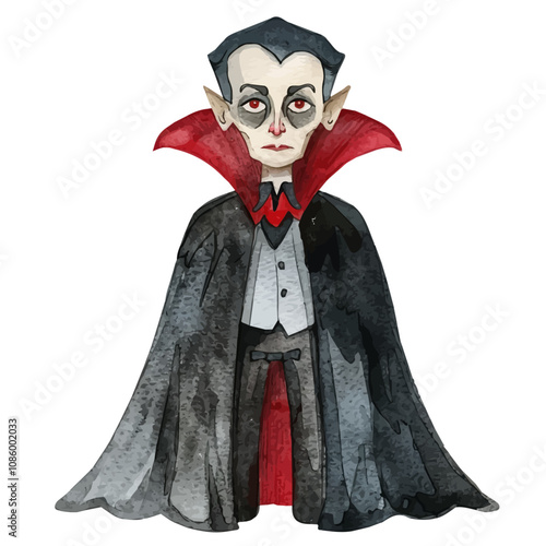 A watercolor clipart of a vampire figurine, with sharp fangs and a dark cloak, standing ominously, isolated on a white background. Vampire figurine vector.