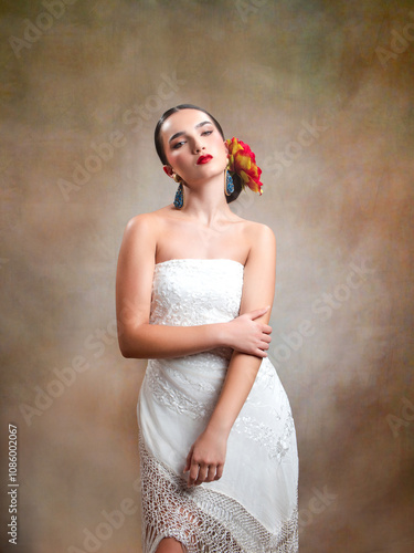 Elegant woman in bohemian vintage style with floral accents photo