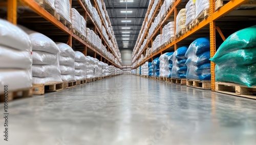 In the Warehouse, an Endless Row of Shelves Filled with Various Types and Colors of White Flour Bags photo