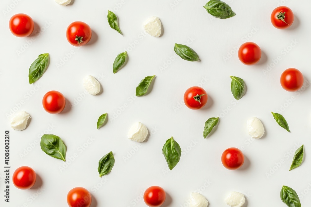 A vibrant arrangement of fresh tomatoes, basil leaves, and mozzarella balancing simplicity with a touch of culinary artistry A vibrant arrangement of fresh tomatoes, basil leaves, and mozzarella balancing simplicity with a touch of culinary artistry