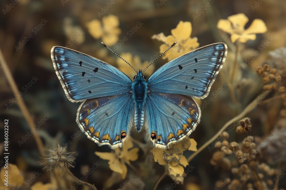 A close-up shot of a blue butterfly perched on top of bright yellow flowers A close-up shot of a blue butterfly perched on top of bright yellow flowers