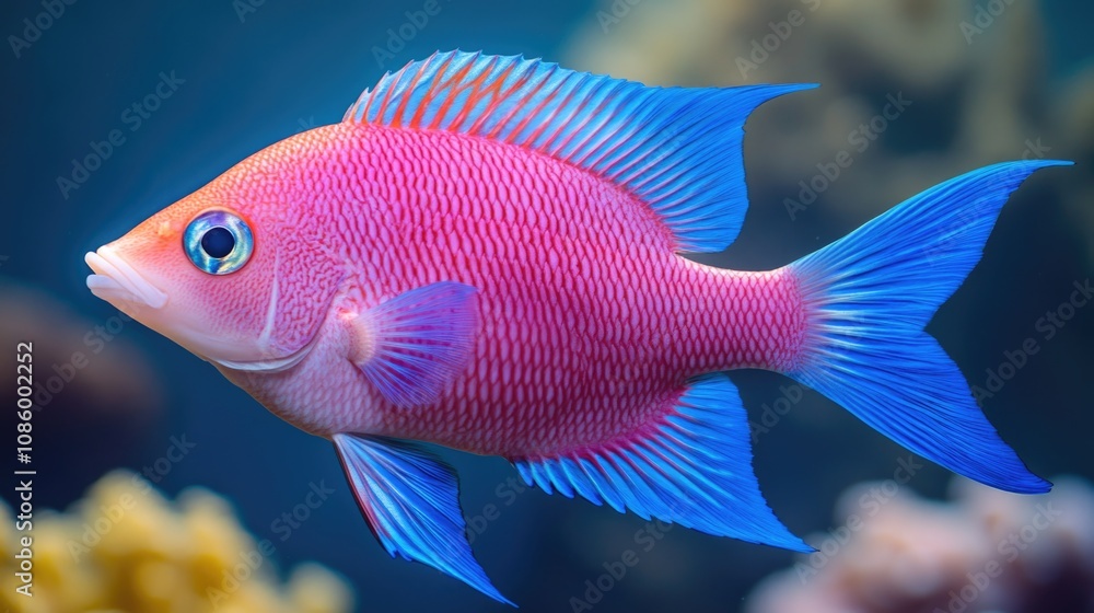 A pink fish with blue fins swimming in a tank, suitable for use in designs about aquatic life or as a decorative element A pink fish with blue fins swimming in a tank, suitable for use in designs about aquatic life or as a decorative element