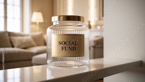 Social benefits concept featuring a glass jar labeled 'Social Fund' placed on a modern table in a cozy living room 