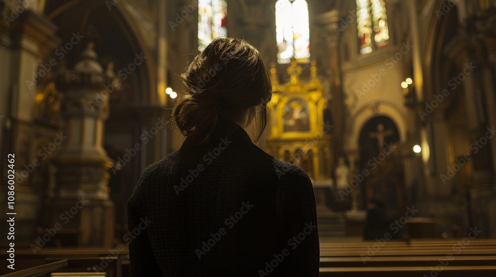 Obraz premium Contemplative woman in church a devout moment of solitude and reflection in a sacred space