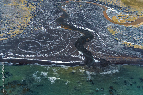 Aerial view of stunning Icelandic south coast black sand patterns