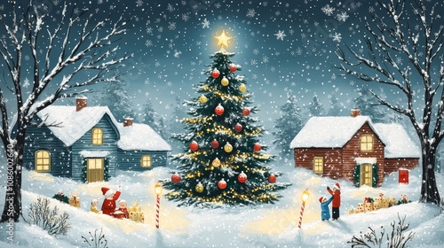 A whimsical winter wonderland featuring a beautifully decorated Christmas tree in a snowy village at dusk