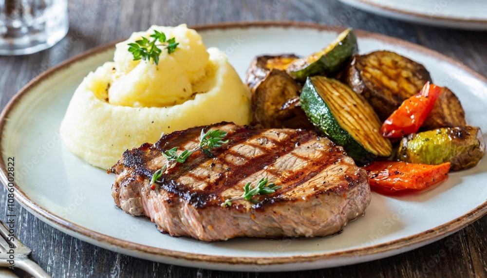Grilled Steak with Roasted Vegetables and Mashed Potatoes on a Plate Grilled Steak with Roasted Vegetables and Mashed Potatoes on a Plate