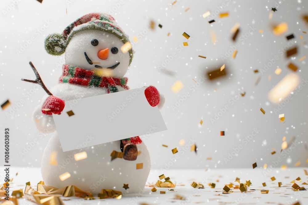 A snowman holds a colorful sign amidst confetti, perfect for winter celebrations or festive events A snowman holds a colorful sign amidst confetti, perfect for winter celebrations or festive events