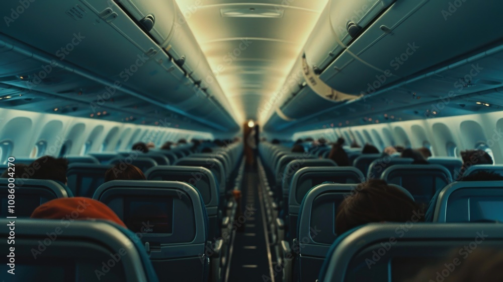 Passengers seated on aircraft seats, calm atmosphere Passengers seated on aircraft seats, calm atmosphere
