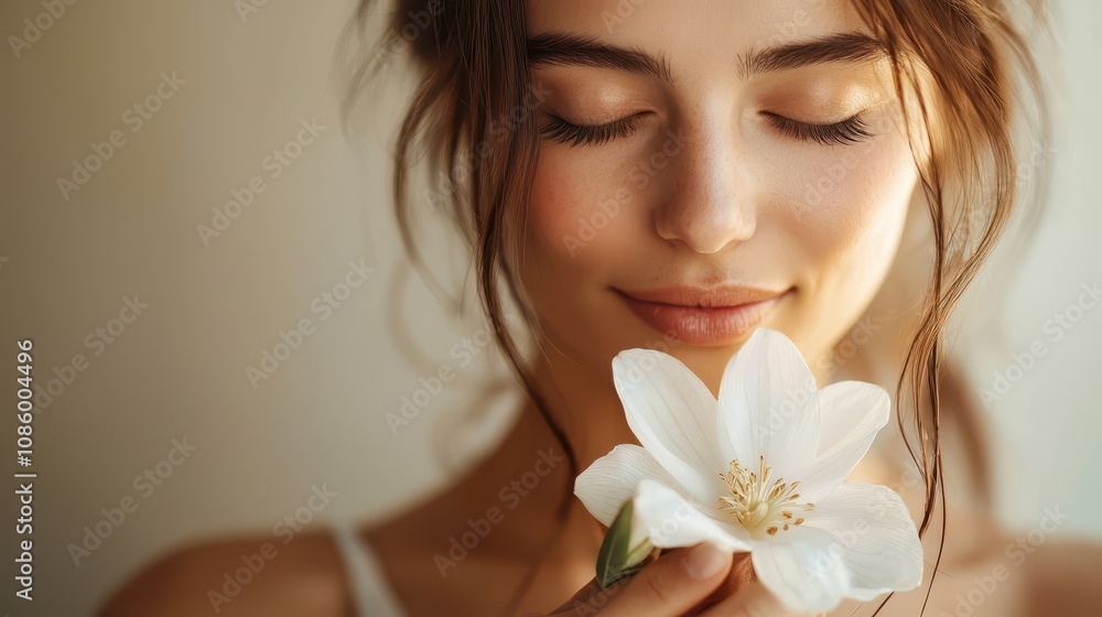 Pure beauty woman holding a white flower, emphasizing elegance and simplicity Pure beauty woman holding a white flower, emphasizing elegance and simplicity