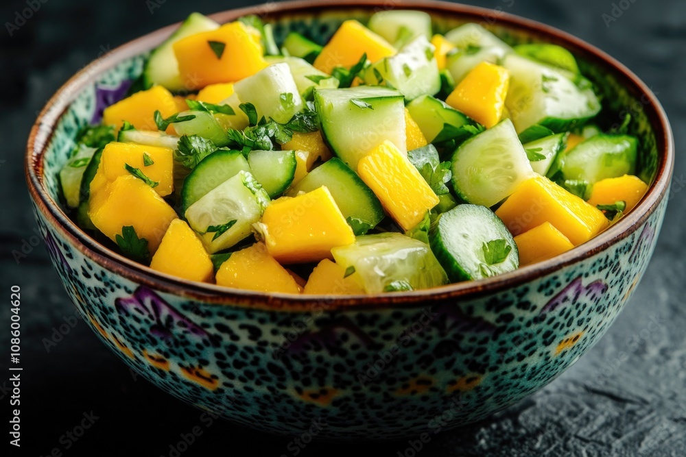 A colorful bowl filled with sliced cucumbers and fresh mangoes A colorful bowl filled with sliced cucumbers and fresh mangoes