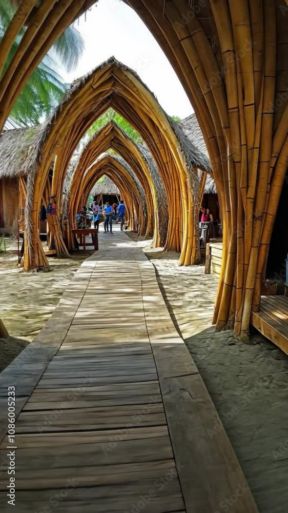 A boardwalk stretches between rows of thatched huts, connected by stunning arched structures made entirely of bamboo A boardwalk stretches between rows of thatched huts, connected by stunning arched structures made entirely of bamboo