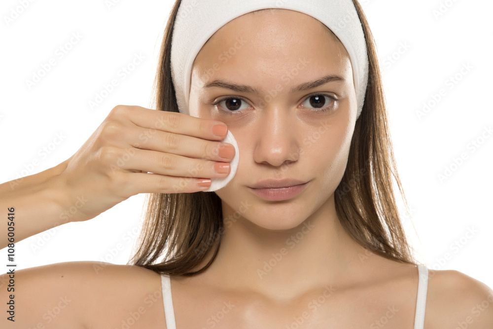 A young beautiful girl removes makeup with a cotton pad and micellar water from her face and eyes on a white studio background A young beautiful girl removes makeup with a cotton pad and micellar water from her face and eyes on a white studio background
