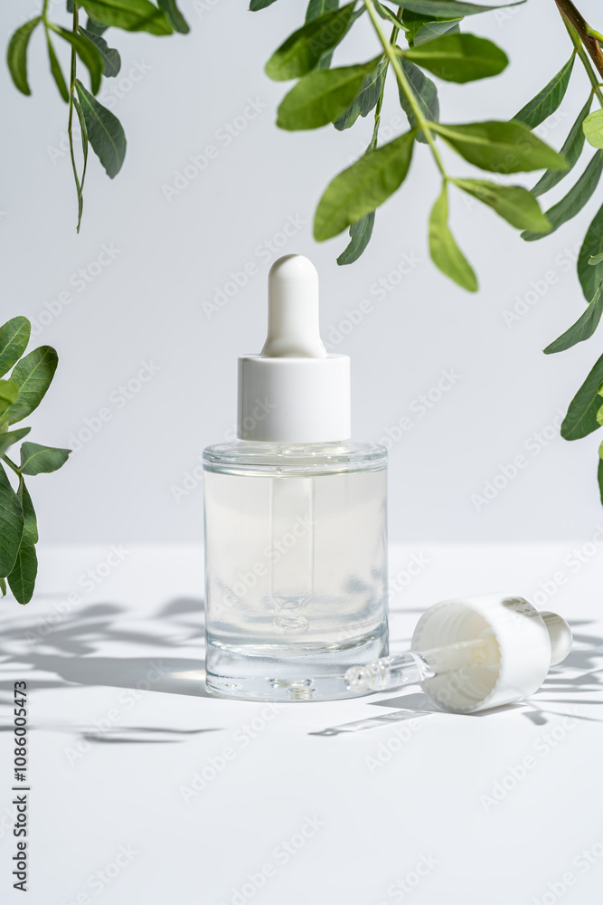 Glass Dropper Bottle with Natural Shadows and Greenery Glass Dropper Bottle with Natural Shadows and Greenery