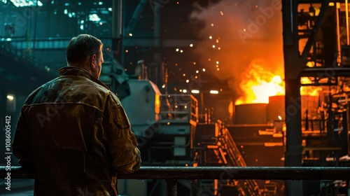 Worker Observes Industrial Facility with Fiery Furnace and Sparks in Background, Capturing the Essence of Manufacturing and Labor in a Dynamic Environment photo