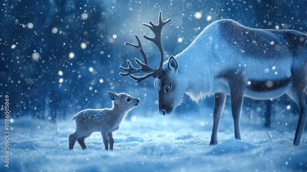 A baby reindeer frolicking in the snow while an older reindeer watches protectively under a starry sky. A baby reindeer frolicking in the snow while an older reindeer watches protectively under a starry sky.