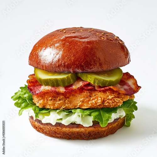 chicken sandwich crispy bacon photo. Crispy chicken fillet sandwich with thickcut bacon, iceberg lettuce, and tangy dill pickles, shot against a smooth white background for clarity photo