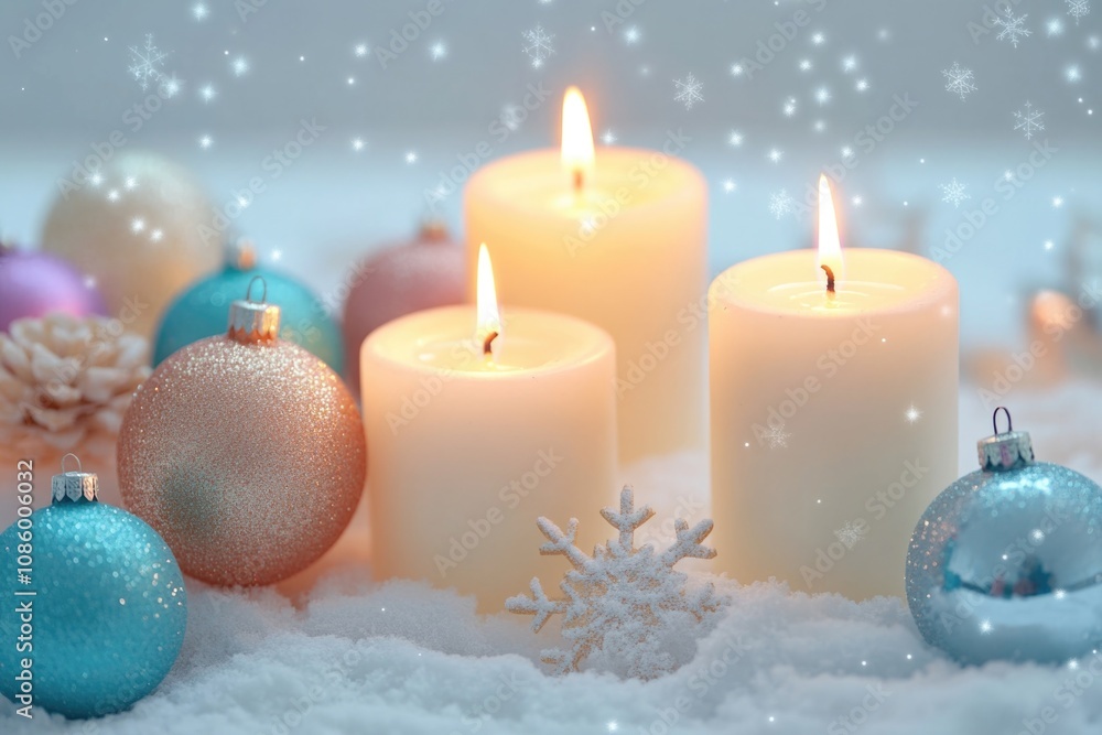 Candles placed on snowy terrain, ideal for winter scenes or festive decorations Candles placed on snowy terrain, ideal for winter scenes or festive decorations