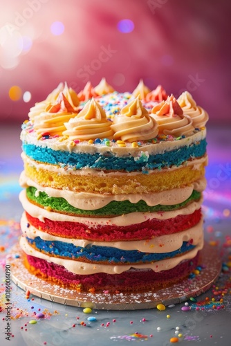 A colorful cake with frosting and sprinkles on a table, perfect for celebrations or parties