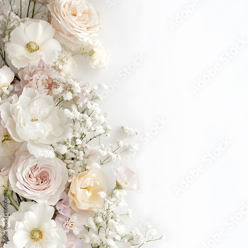 bouquet of soft pastel flowers, arranged elegantly in the bottom right corner of the frame