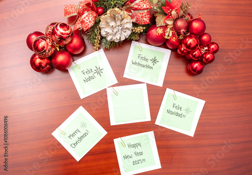 Handwritten notes wishing "Merry Christmas" placed on a wooden background.