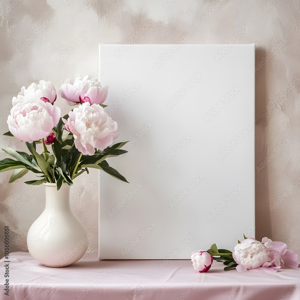 white canvas mockup square stands on a table, tablecloth pink color, beige wall, in a vase stand peonies pink white canvas mockup square stands on a table, tablecloth pink color, beige wall, in a vase stand peonies pink