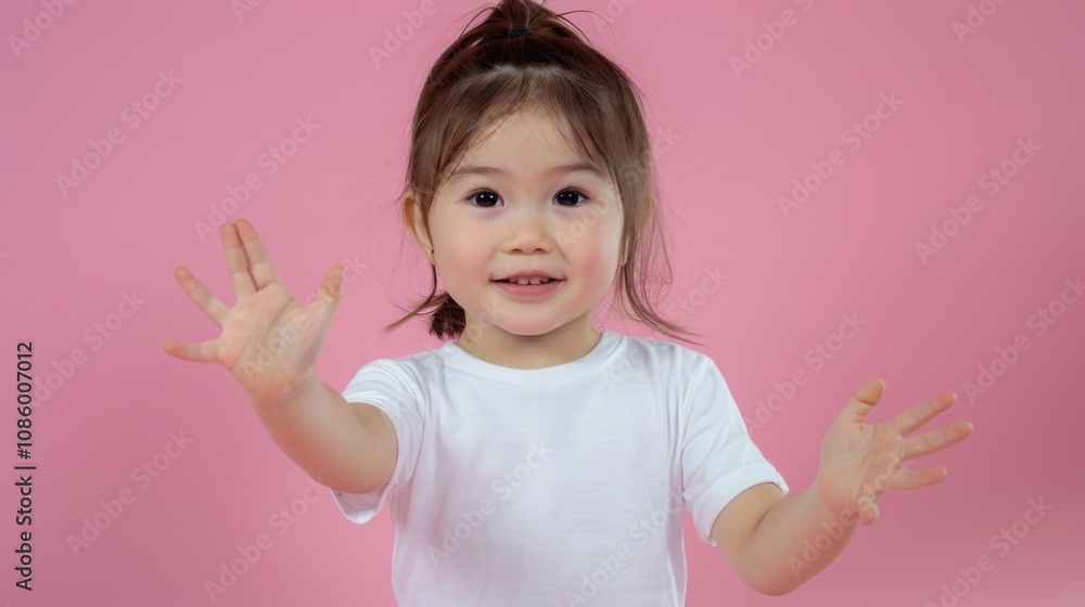 Young girl with raised palms, possibly seeking attention or help Young girl with raised palms, possibly seeking attention or help