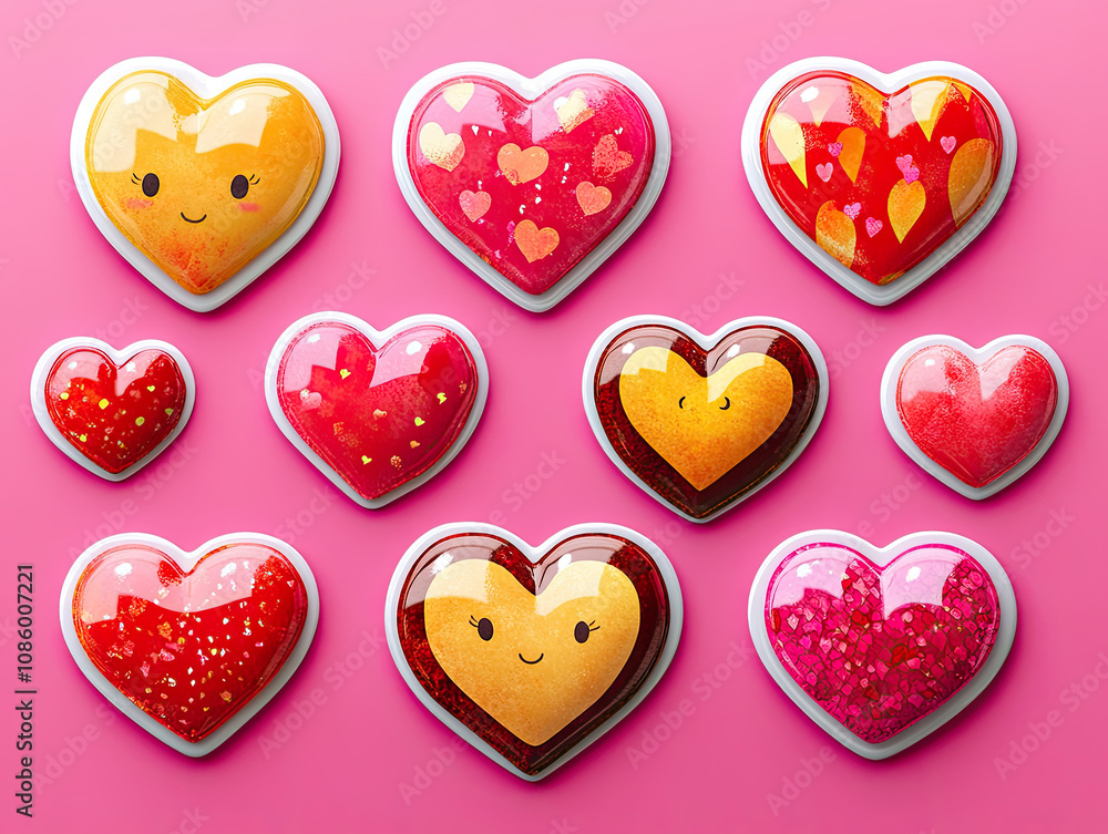 Fun digital stickers and emojis with bright and playful designs including hearts, roses, and romantic graphics in shades of red, pink, and gold Fun digital stickers and emojis with bright and playful designs including hearts, roses, and romantic graphics in shades of red, pink, and gold