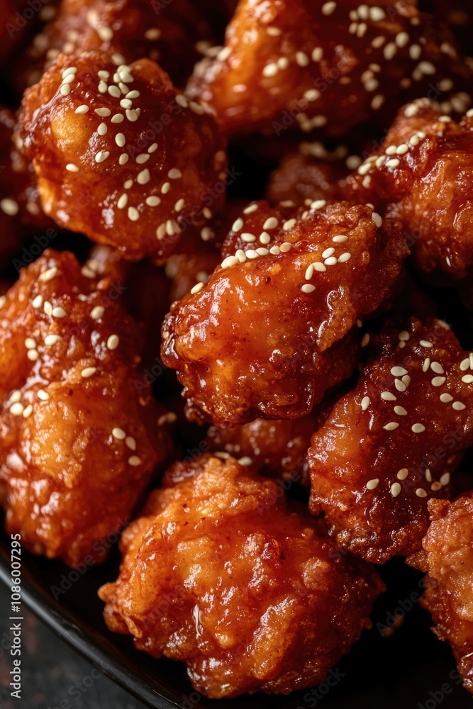 Fried meat dish on a black plate, topped with sesame seeds Fried meat dish on a black plate, topped with sesame seeds