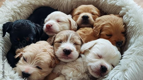 A Bundle of Cuteness: A heartwarming image of adorable puppies snuggled together in a cozy bed, their eyes closed in peaceful slumber.