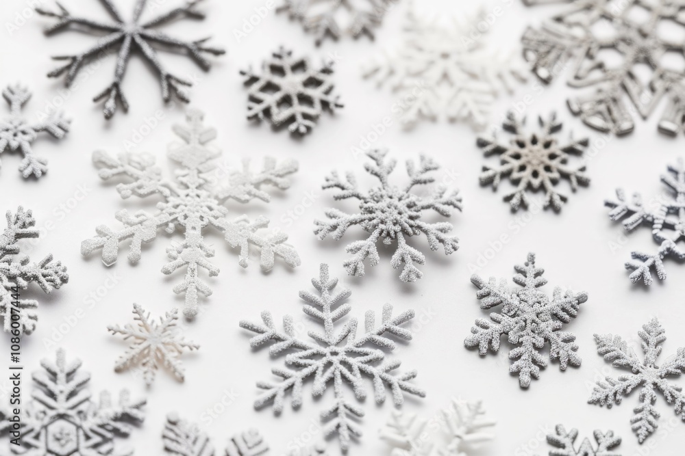 A pile of snowflakes on a white surface A pile of snowflakes on a white surface