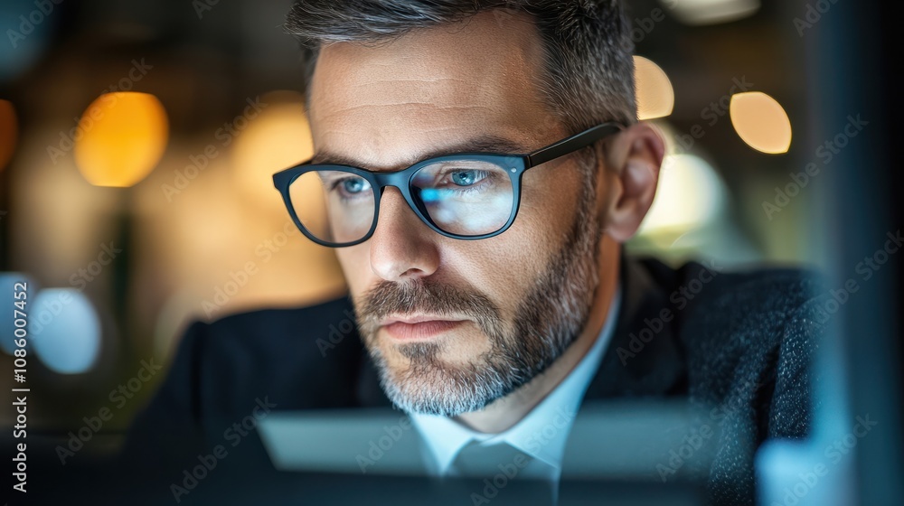 Close up view of focused businessman wears computer glasses for reducing eye strain blurred vision looking at pc screen with computer reflection using internet, reading, watching, working online late Close up view of focused businessman wears computer glasses for reducing eye strain blurred vision looking at pc screen with computer reflection using internet, reading, watching, working online late