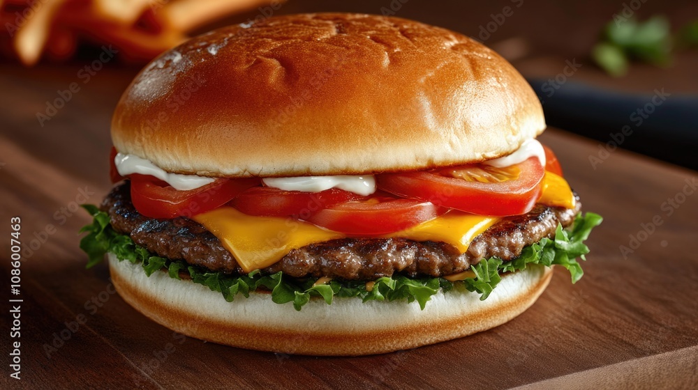 A juicy hamburger topped with cheese, tomato, and lettuce on a natural wood cutting board A juicy hamburger topped with cheese, tomato, and lettuce on a natural wood cutting board