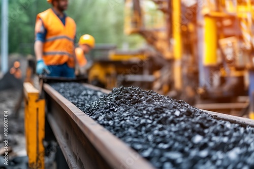 Workers in safety gear manage coal on a conveyor at an industrial site. photo