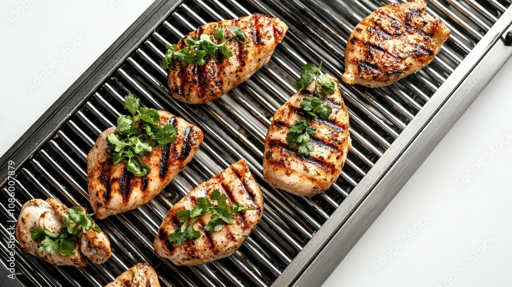 Grilled Chicken Breasts with Fresh Herbs on a Modern Steel Grilling Rack, Showcasing Texture and Flavorful Char Marks in a Culinary Delight Arrangement Grilled Chicken Breasts with Fresh Herbs on a Modern Steel Grilling Rack, Showcasing Texture and Flavorful Char Marks in a Culinary Delight Arrangement