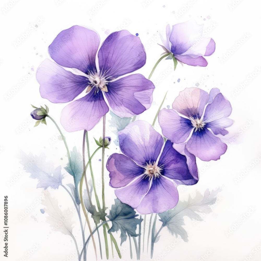 Charming depiction of vibrant purple blooms in soft watercolor, highlighting intricate details and gentle hues. Perfect for botanical themes, creative designs, and serene decor projects. Charming depiction of vibrant purple blooms in soft watercolor, highlighting intricate details and gentle hues. Perfect for botanical themes, creative designs, and serene decor projects.