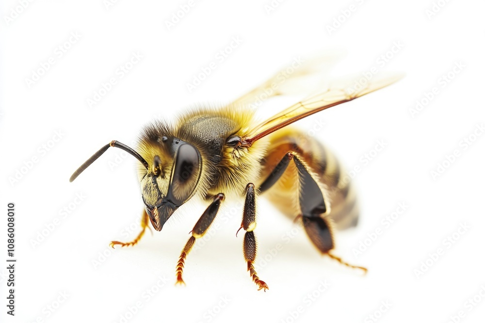 A detailed view of a single bee sitting on a white surface