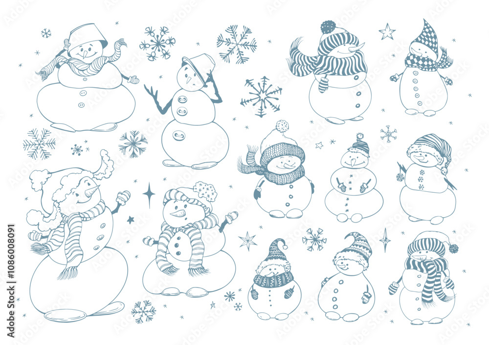 Winter doodle set with cute snowmen and snowflakes. Hand drawn vector Illustration. Winter doodle set with cute snowmen and snowflakes. Hand drawn vector Illustration.