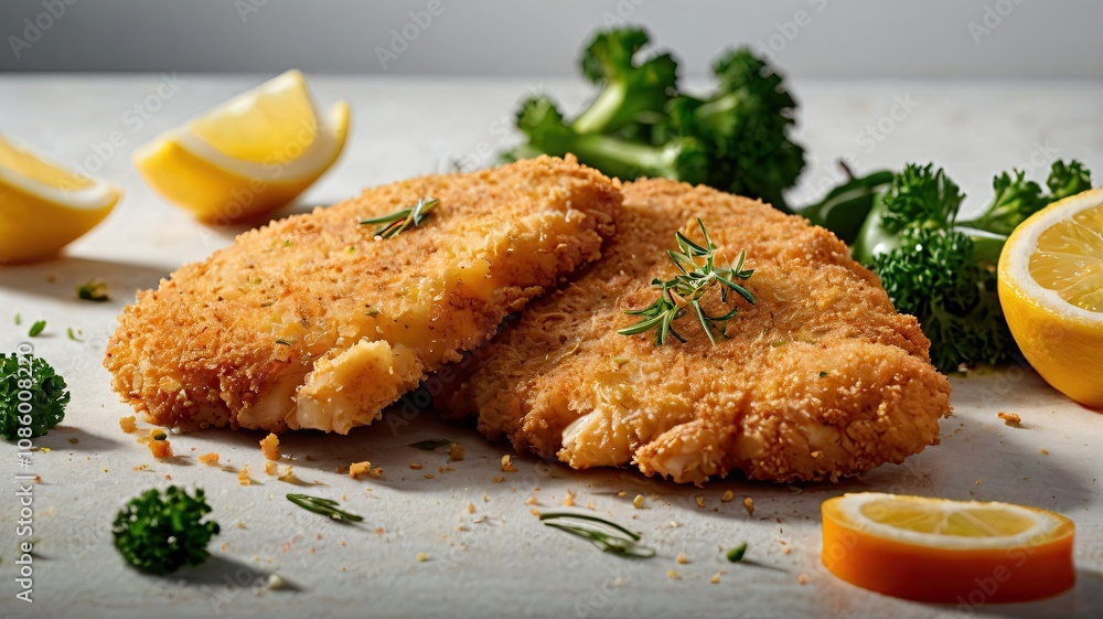 Close-Up of Sliced Golden Chicken Schnitzel on White Background Close-Up of Sliced Golden Chicken Schnitzel on White Background