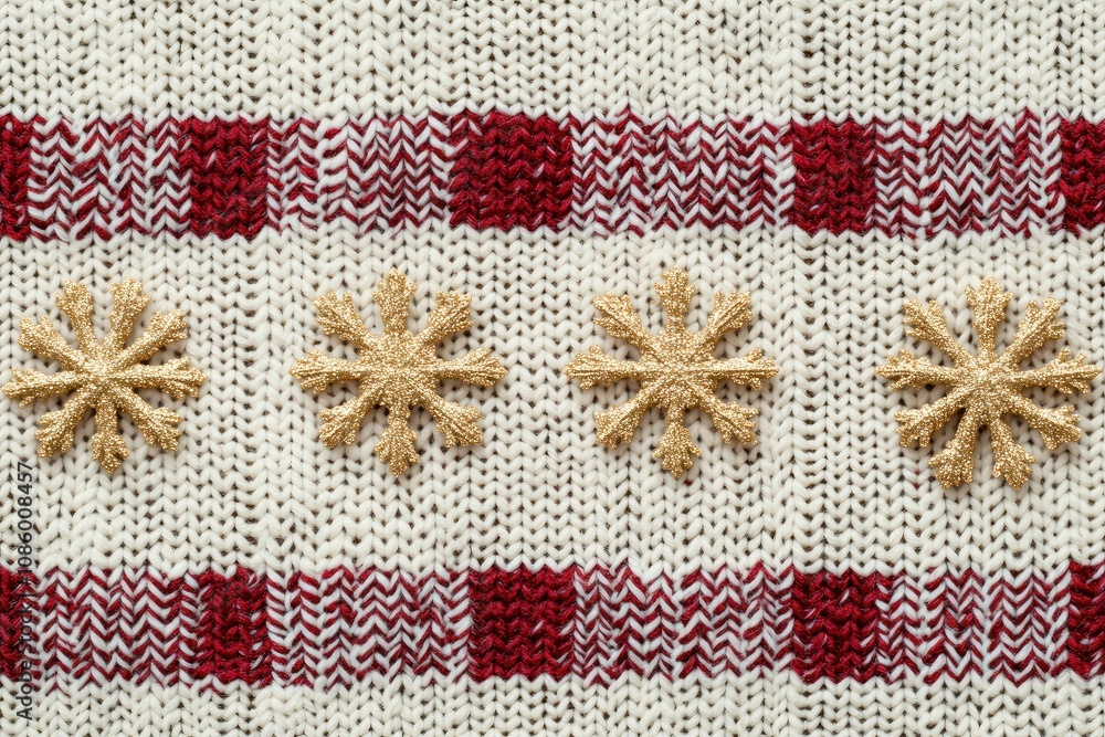 A textured fabric featuring a pattern of red stripes and golden snowflake embellishments, creating a festive and cozy aesthetic. A textured fabric featuring a pattern of red stripes and golden snowflake embellishments, creating a festive and cozy aesthetic.