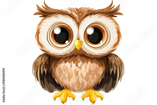 A cartoon owl with large eyes perched on a tree branch, perfect for use in children's books, educational materials or as a design element photo