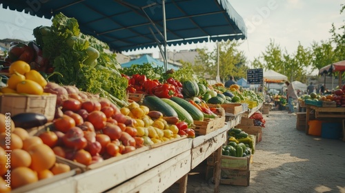 A farmer's market with tables piled high with fresh vegetables and fruits.