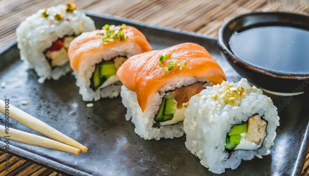 Sushi Rolls with Various Fillings on a Plate with Chopsticks and Soy Sauce