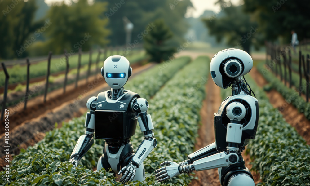 Humanoid robots working in lush green farm, showcasing advanced technology in agriculture. scene captures harmony between nature and innovation Humanoid robots working in lush green farm, showcasing advanced technology in agriculture. scene captures harmony between nature and innovation
