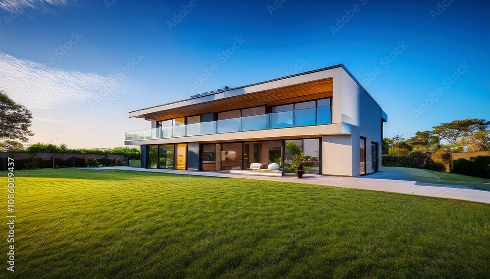 contemporary two story house features expansive glass windows and a lush green lawn set against a vibrant blue sky contemporary two story house features expansive glass windows and a lush green lawn set against a vibrant blue sky