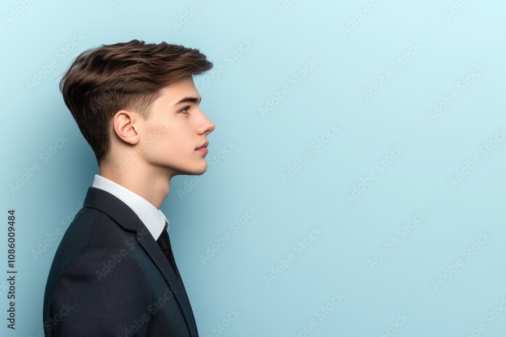 A professional-looking man stands against a bright blue background, dressed in a suit and tie A professional-looking man stands against a bright blue background, dressed in a suit and tie