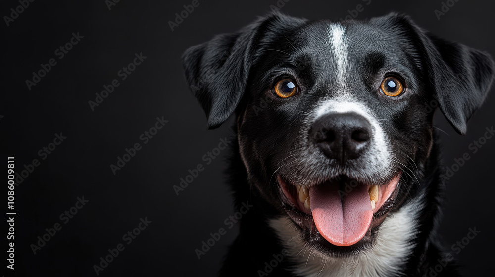 A joyful portrait of a black and white dog with a cute smile, showcasing its playful and vibrant personality in a close-up shot. A joyful portrait of a black and white dog with a cute smile, showcasing its playful and vibrant personality in a close-up shot.