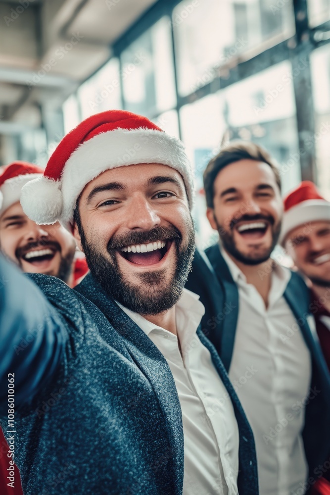 A group of men having fun and taking a selfie together, all wearing Santa hats A group of men having fun and taking a selfie together, all wearing Santa hats