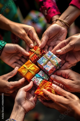 Group of individuals holding wrapped presents, ideal for holiday or celebration scenes