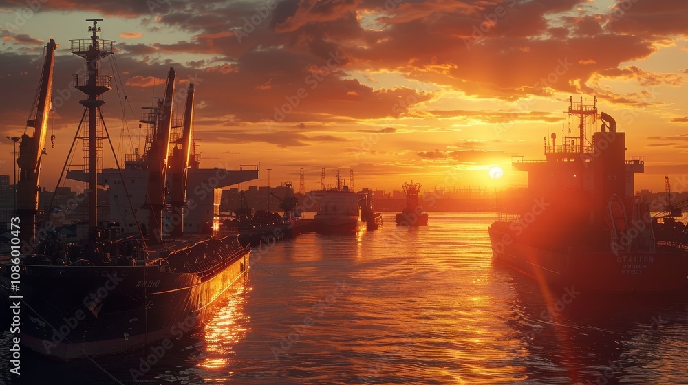 Cargo ships at a busy port during a stunning sunset, showcasing global trade and maritime transport Cargo ships at a busy port during a stunning sunset, showcasing global trade and maritime transport